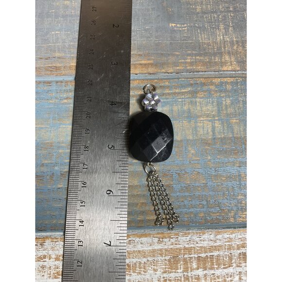 Black Faceted Pendant With Flower Charm & Silver Chain Tassel - Picture 2 of 3